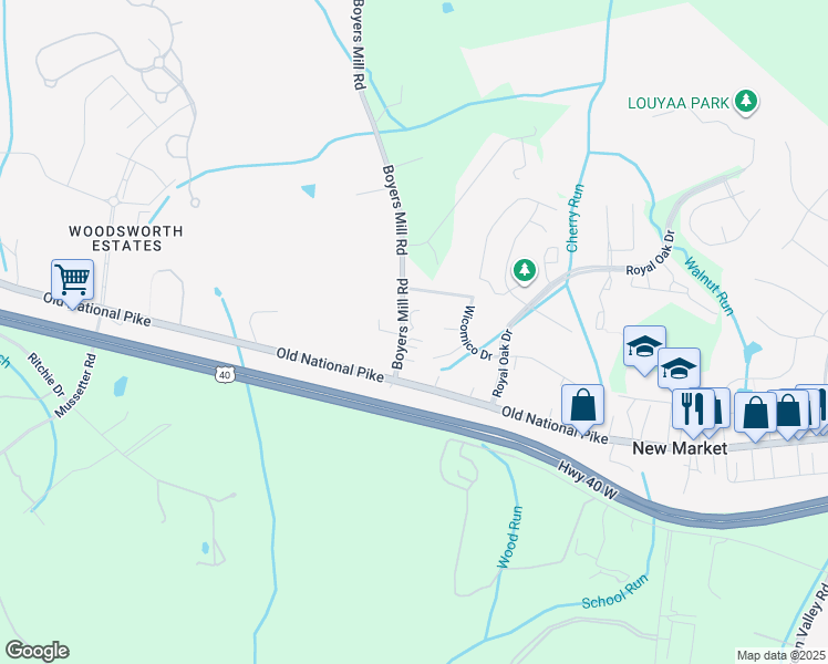 map of restaurants, bars, coffee shops, grocery stores, and more near 5515 Boyers Mill Road in New Market