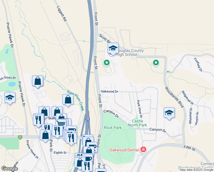 map of restaurants, bars, coffee shops, grocery stores, and more near 501 Oakwood Drive in Castle Rock