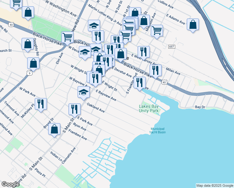 map of restaurants, bars, coffee shops, grocery stores, and more near 101 East Bayview Avenue in Pleasantville