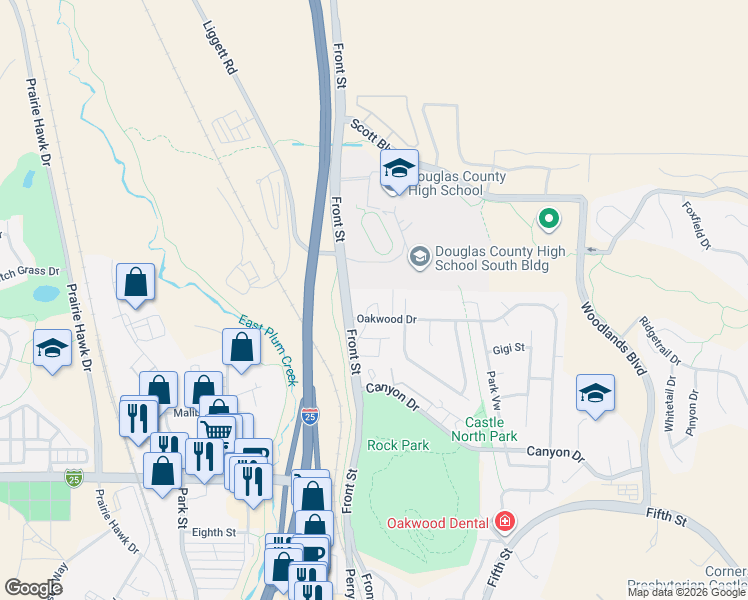 map of restaurants, bars, coffee shops, grocery stores, and more near 549 Oakwood Drive in Castle Rock