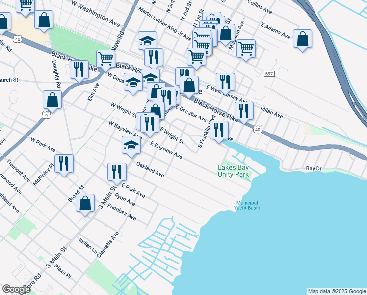 map of restaurants, bars, coffee shops, grocery stores, and more near 101 East Bayview Avenue in Pleasantville