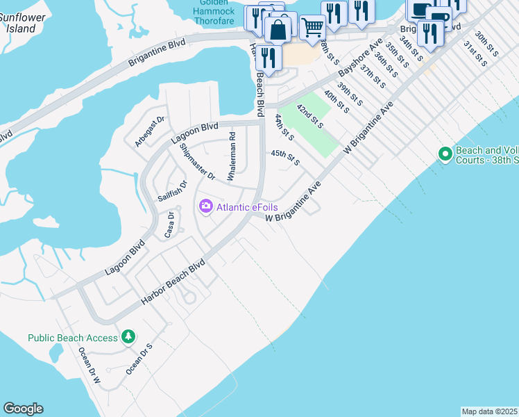map of restaurants, bars, coffee shops, grocery stores, and more near 4514 Harbor Beach Boulevard in Brigantine