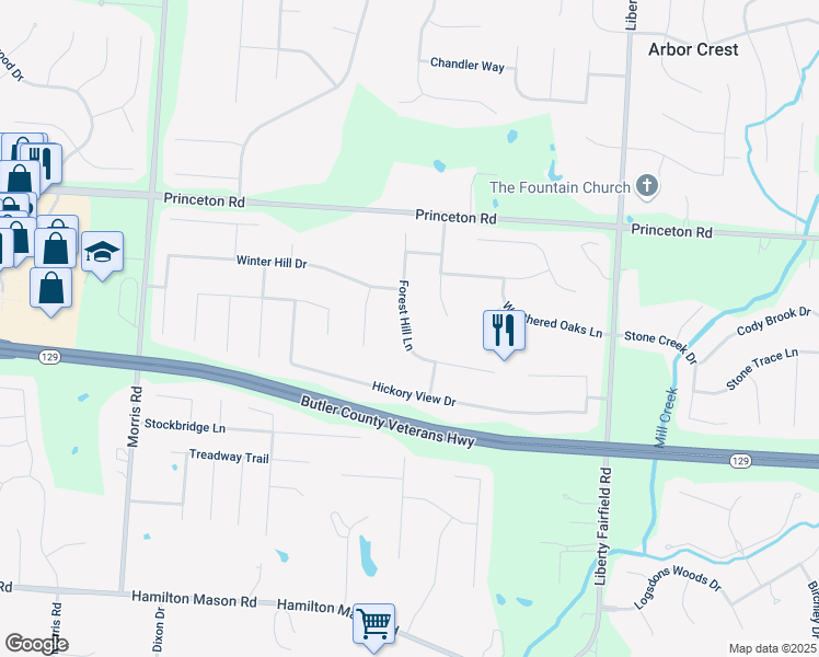 map of restaurants, bars, coffee shops, grocery stores, and more near 6706 Forest Hill Lane in Hamilton