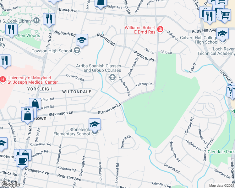 map of restaurants, bars, coffee shops, grocery stores, and more near 809 Fairway Drive in Towson