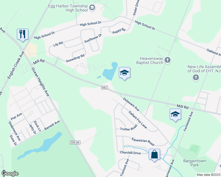 map of restaurants, bars, coffee shops, grocery stores, and more near 6150 Mill Road in Egg Harbor Township