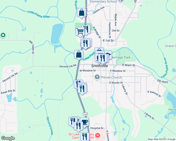map of restaurants, bars, coffee shops, grocery stores, and more near 201 West Main Street in Smithville