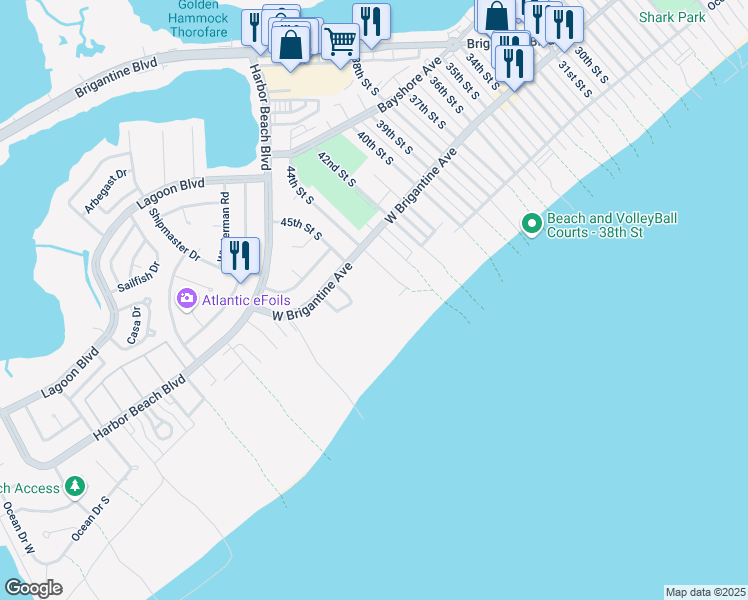 map of restaurants, bars, coffee shops, grocery stores, and more near 334 44th Street South in Brigantine