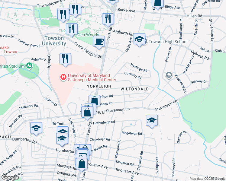 map of restaurants, bars, coffee shops, grocery stores, and more near 515 Yarmouth Road in Towson