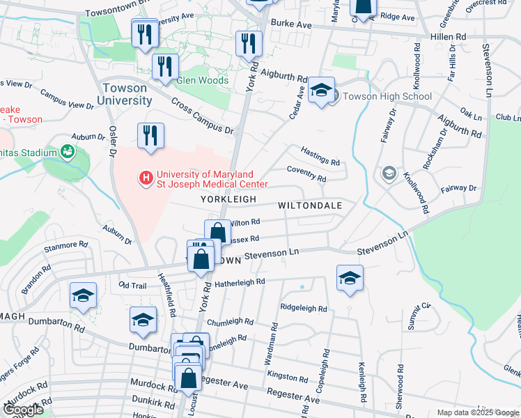 map of restaurants, bars, coffee shops, grocery stores, and more near 515 Yarmouth Road in Towson