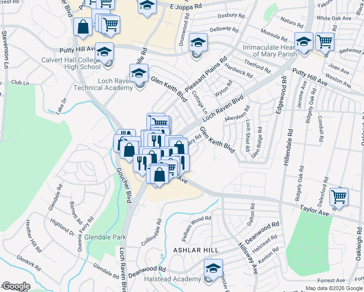 map of restaurants, bars, coffee shops, grocery stores, and more near 8122 Glen Gary Road in Towson