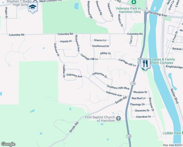 map of restaurants, bars, coffee shops, grocery stores, and more near 600 Valleyview Drive in Hamilton