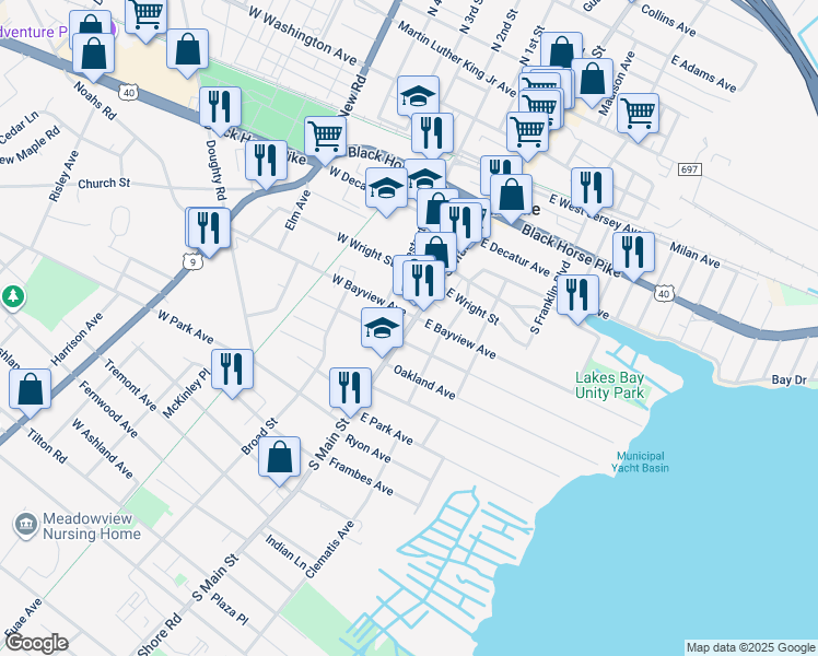 map of restaurants, bars, coffee shops, grocery stores, and more near 6 West Bayview Avenue in Pleasantville