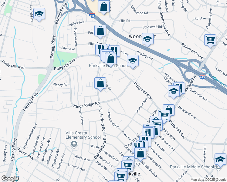 map of restaurants, bars, coffee shops, grocery stores, and more near 8405 Nunley Drive in Parkville
