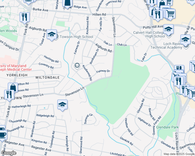 map of restaurants, bars, coffee shops, grocery stores, and more near 908 Stevenson Lane in Towson