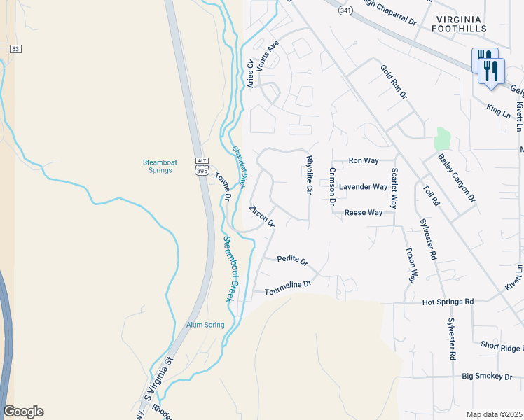 map of restaurants, bars, coffee shops, grocery stores, and more near 225 Zircon Drive in Reno