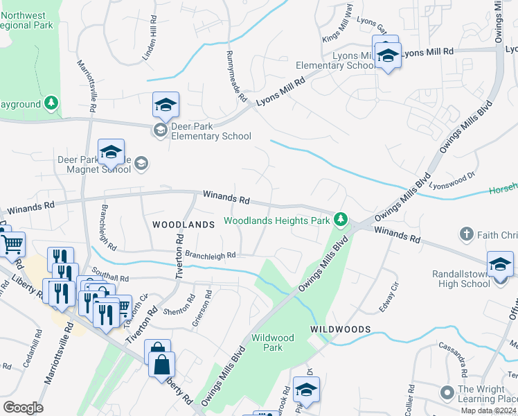 map of restaurants, bars, coffee shops, grocery stores, and more near 9619 Winands Road in Randallstown