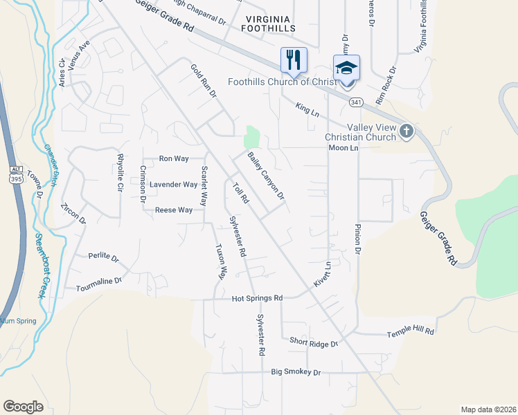 map of restaurants, bars, coffee shops, grocery stores, and more near 15185 Western Springs Drive in Reno