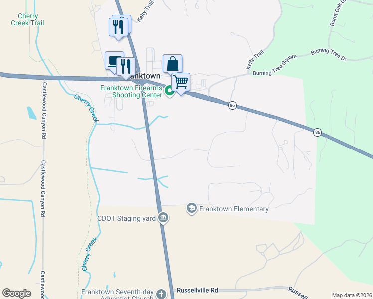 map of restaurants, bars, coffee shops, grocery stores, and more near Arrowpoint Drive in Franktown