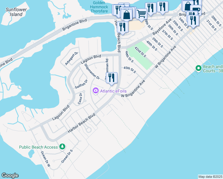 map of restaurants, bars, coffee shops, grocery stores, and more near 4 Shipmaster Drive in Brigantine