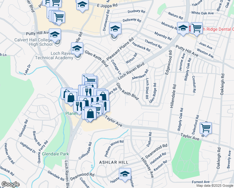 map of restaurants, bars, coffee shops, grocery stores, and more near 8151 Clyde Bank Road in Towson
