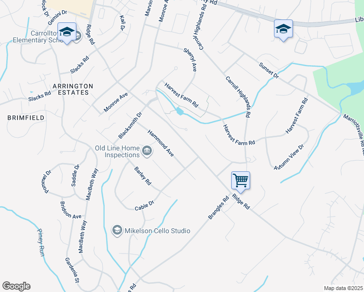 map of restaurants, bars, coffee shops, grocery stores, and more near 6810 Ridge Road in Marriottsville