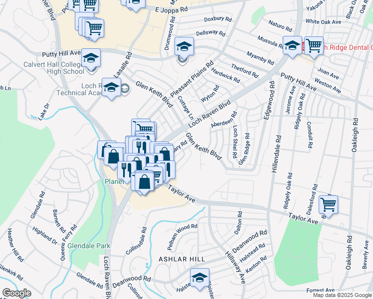 map of restaurants, bars, coffee shops, grocery stores, and more near 8151 Clyde Bank Road in Towson