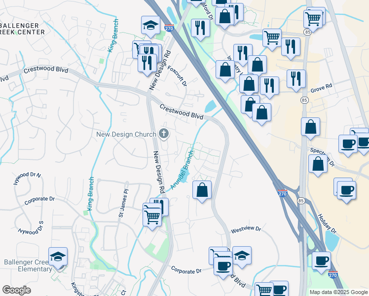 map of restaurants, bars, coffee shops, grocery stores, and more near 7129 Ladd Circle in Frederick