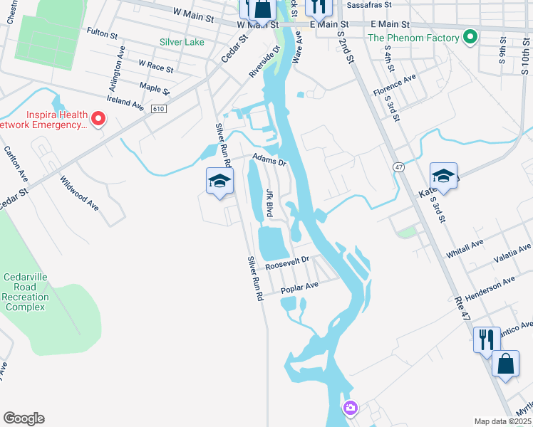 map of restaurants, bars, coffee shops, grocery stores, and more near 50 Jfk Boulevard in Millville