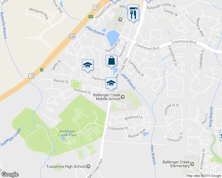 map of restaurants, bars, coffee shops, grocery stores, and more near 5525 Ballenger Creek Pike in Frederick