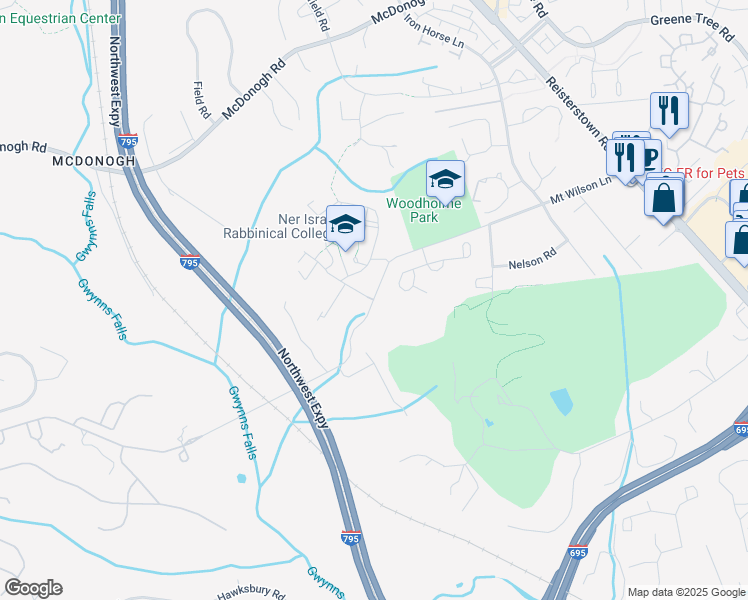map of restaurants, bars, coffee shops, grocery stores, and more near 483 Mount Wilson Lane in Pikesville