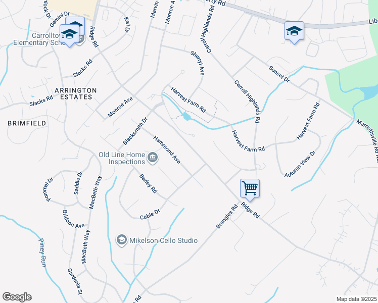 map of restaurants, bars, coffee shops, grocery stores, and more near 6810 Ridge Road in Marriottsville