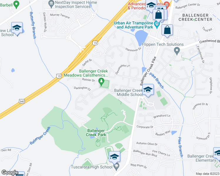 map of restaurants, bars, coffee shops, grocery stores, and more near 5600 Avonshire Place in Frederick