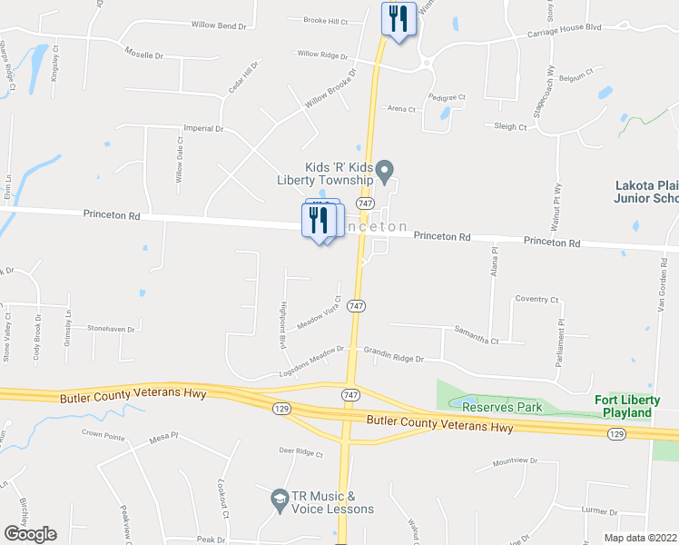 map of restaurants, bars, coffee shops, grocery stores, and more near 4978 Meadow Vista Court in Butler County