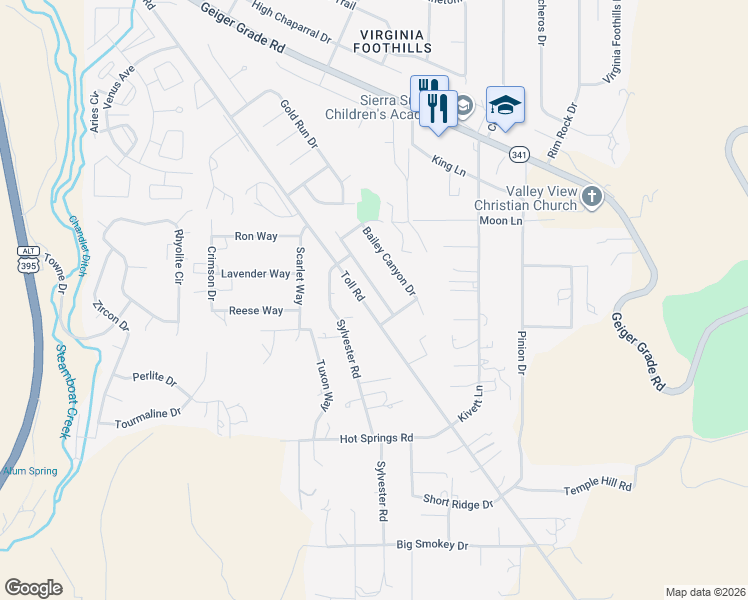 map of restaurants, bars, coffee shops, grocery stores, and more near 15170 Western Springs Drive in Reno