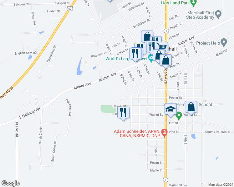 map of restaurants, bars, coffee shops, grocery stores, and more near 200-298 South 2nd Street in Marshall