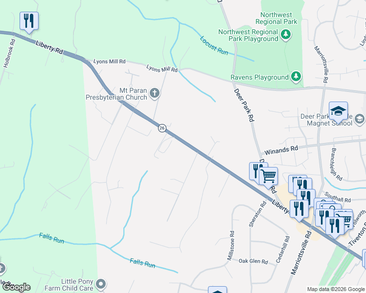 map of restaurants, bars, coffee shops, grocery stores, and more near 10207 Liberty Road in Randallstown