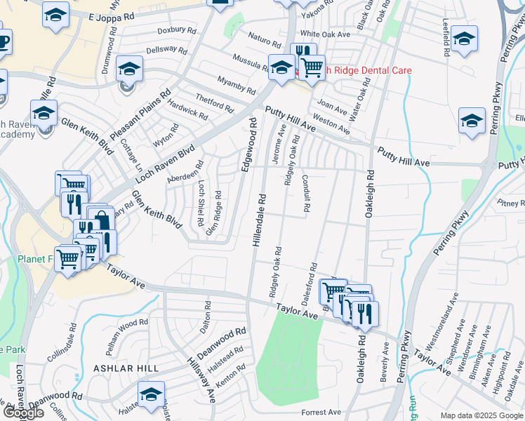 map of restaurants, bars, coffee shops, grocery stores, and more near 8107 Hillendale Road in Parkville