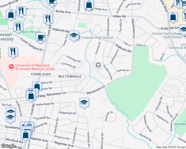 map of restaurants, bars, coffee shops, grocery stores, and more near 738 Weatherbee Road in Towson