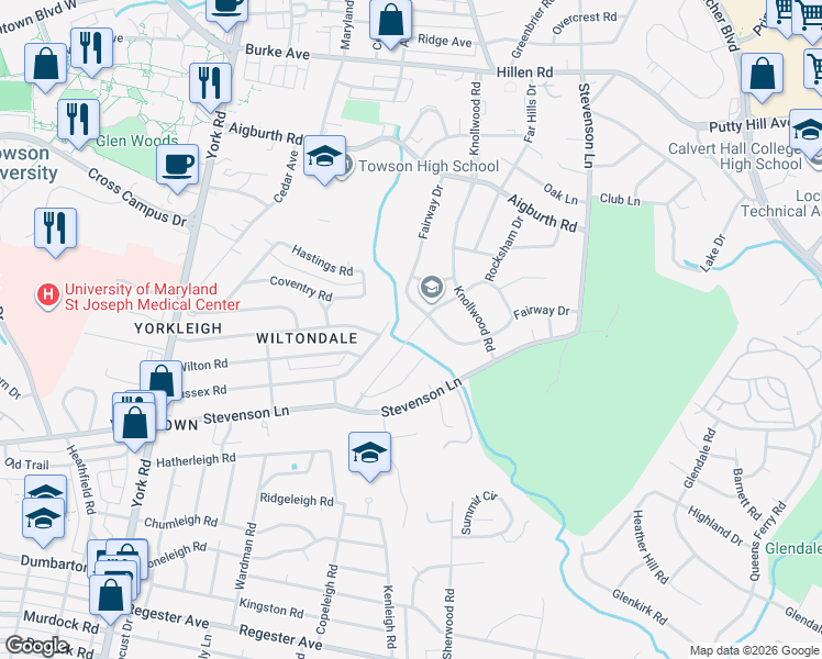 map of restaurants, bars, coffee shops, grocery stores, and more near 738 Weatherbee Road in Towson