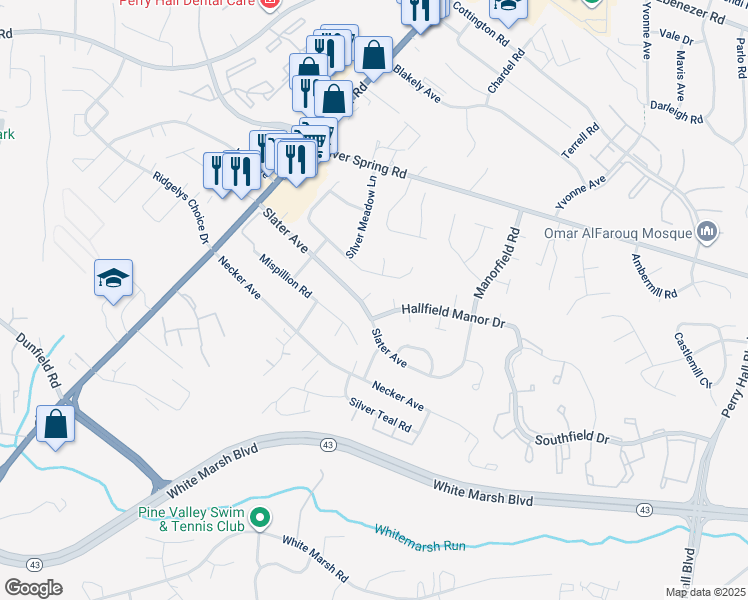map of restaurants, bars, coffee shops, grocery stores, and more near 5 Knaves Court in Perry Hall