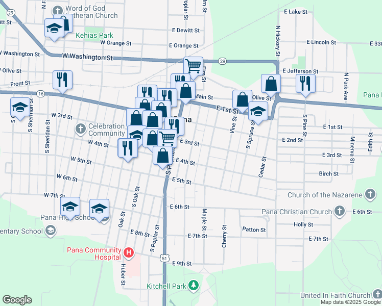map of restaurants, bars, coffee shops, grocery stores, and more near 204 Kitchell St in Pana