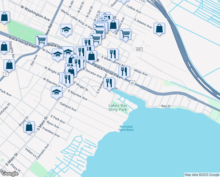 map of restaurants, bars, coffee shops, grocery stores, and more near 225 South Hampden Court in Pleasantville