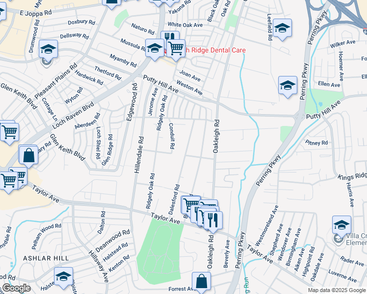 map of restaurants, bars, coffee shops, grocery stores, and more near 8104H Dalesford Road in Baltimore