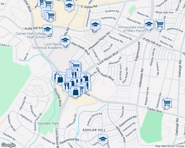 map of restaurants, bars, coffee shops, grocery stores, and more near 8146 Glen Gary Road in Parkville