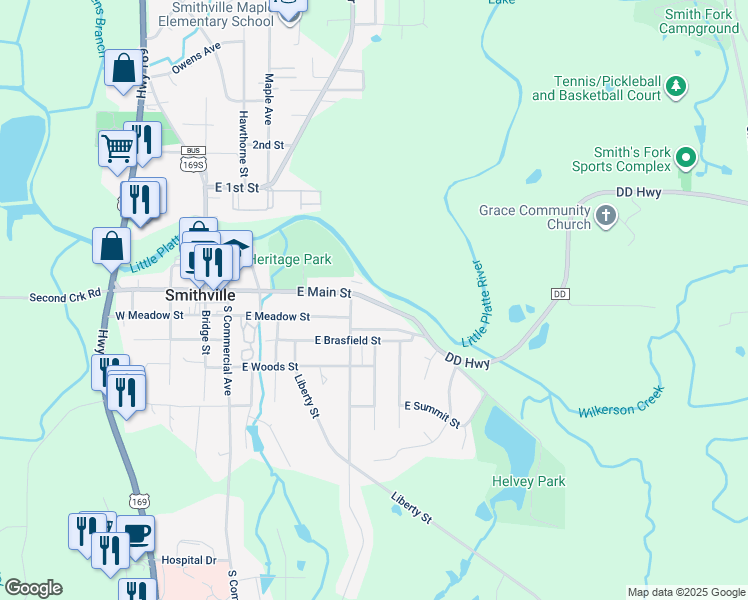 map of restaurants, bars, coffee shops, grocery stores, and more near 410 DD Highway in Smithville