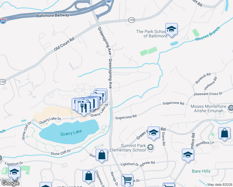 map of restaurants, bars, coffee shops, grocery stores, and more near 19 Mica Court in Baltimore