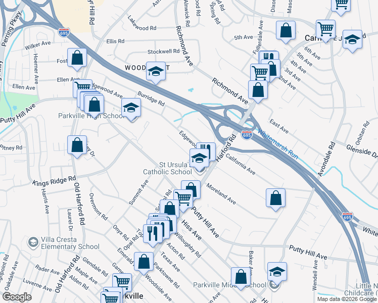 map of restaurants, bars, coffee shops, grocery stores, and more near 2932 Manns Avenue in Parkville