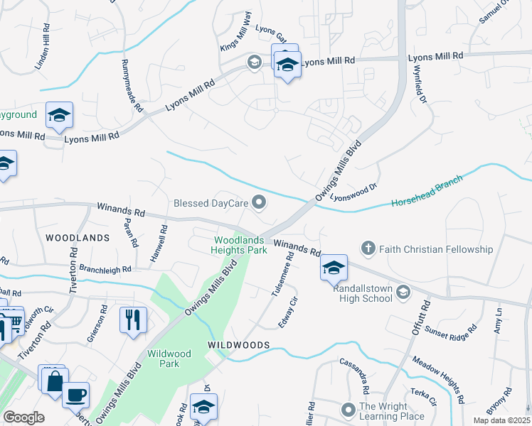 map of restaurants, bars, coffee shops, grocery stores, and more near 14 Clematis Court in Owings Mills