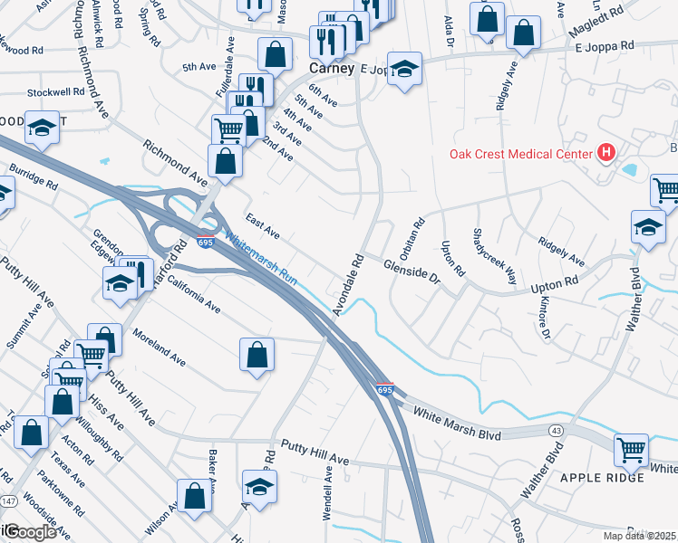 map of restaurants, bars, coffee shops, grocery stores, and more near 3134 East Avenue in Parkville