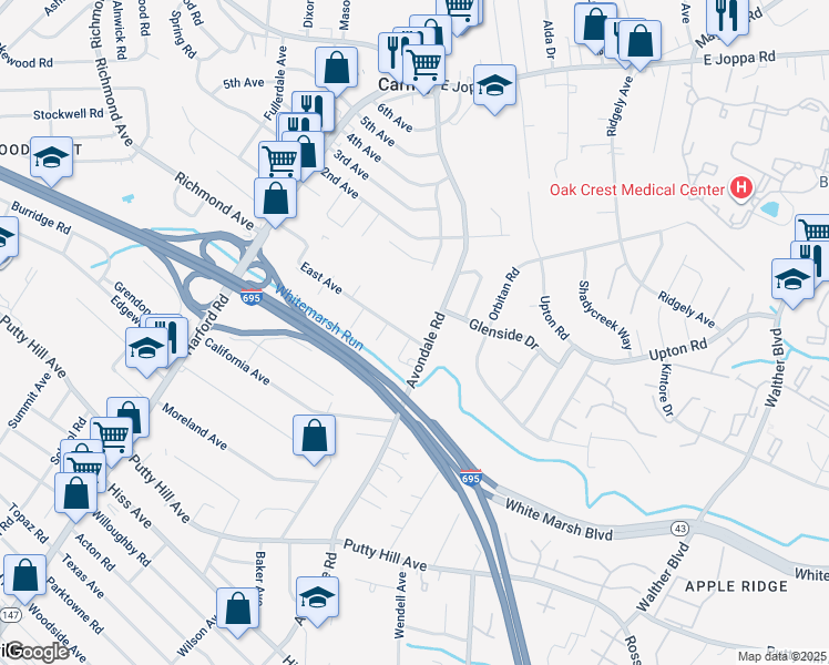 map of restaurants, bars, coffee shops, grocery stores, and more near 3134 East Avenue in Parkville